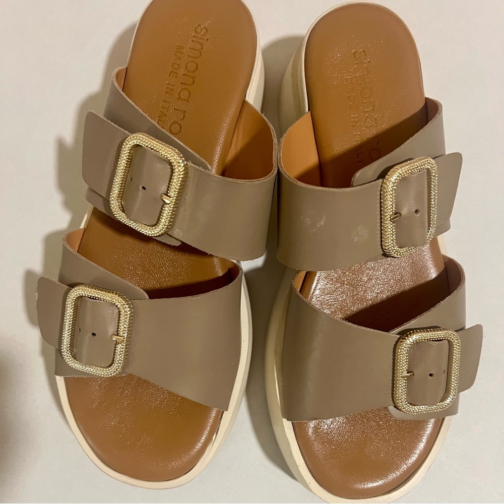 Tan Slide platform Sandals with Gold Adjustable Buckles